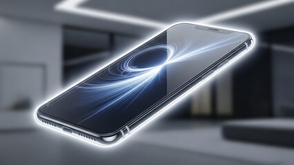 Modern smartphone with dynamic glowing light trails on screen, future technology concept.