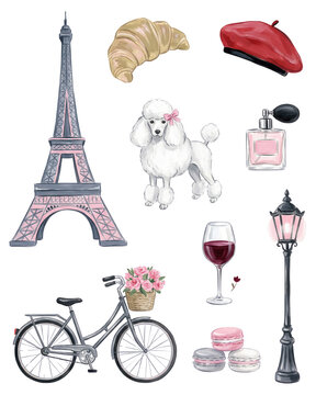 Parisian Chic Watercolor Set: Eiffel Tower, Croissant, and Poodle