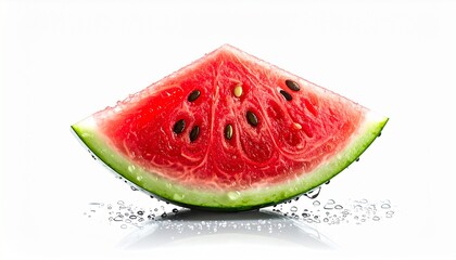 A close-up view of a juicy slice of watermelon with seeds and water droplets on a white background.