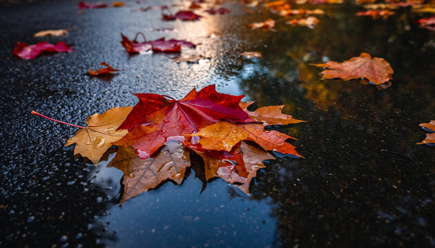 Vibrant autumn leaves in shades of red, orange, and brown scattered on a wet, reflective dark surface after rain, showcasing the beauty of the fall season.