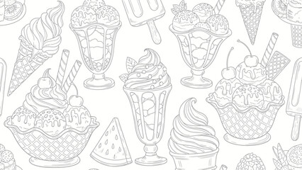 Ice Cream Dessert Pattern Coloring Page – Cute Sweet Treat Line Art Background