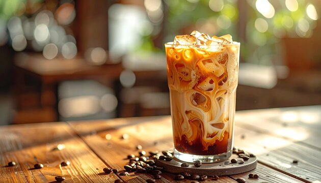 A refreshing tall glass of iced coffee with swirling milk and cream on a rustic wooden table in a sunlit cafe