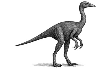 Fototapeta premium Intricate dinosaur engraving of ornithomimus in vintage black and white style