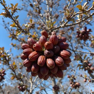 The fruit of the Indian tragacanth tree resin-producing plant under blue sky background