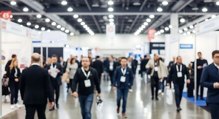 Fototapeta premium Blurred image of a crowded business convention hall with many attendees walking between exhibition booths under bright overhead lighting