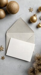 Elegant Christmas card mockup with envelope and festive Christmas decoration