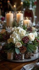 Elegant Christmas centerpiece with floral candles and decoration