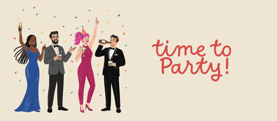 Group of diverse people in formal black tie attire celebrating a festive new year party