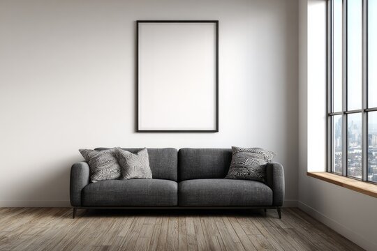 Modern living room with a gray sofa and large window view.