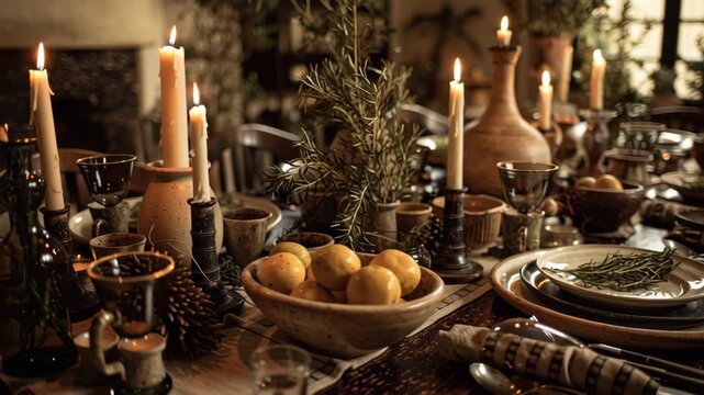Classic old world dining table prepared for holiday feast with natural decorations, rustic ceramics, soft candle warmth, old world holiday decor