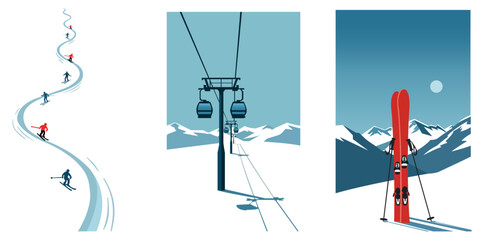 Skiing Adventure Snowy Mountain Resort Escape with Ski Lift Winter Sports Scene and Red Skis Alpine Holidays Travel © Rahed Ul Islam