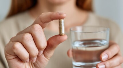 Woman holding capsule between fingers with glass of water in other hand close up shot indoors