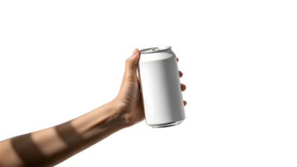 Human hand holding a blank white aluminum beverage can ready for branding isolated on transparent background