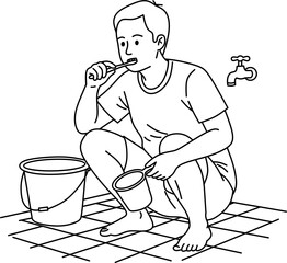 sketch of Man squatting brushing teeth