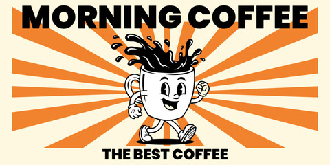 Cartoon Coffee Mug Mascot Walking Smiling Morning Brew Retro Design Orange Sunburst Black Coffee Splash Animated