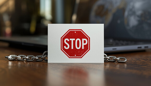 Time to stop now with distractions and stay focused in today's digital world with computer and chain preventing access symbolizing control and freedom from interruptions