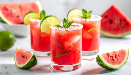 Three vibrant red drinks with watermelon, lime, and mint garnishes