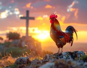 Sunrise scene of a rooster standing on rocks with a cross silhouetted by the sun