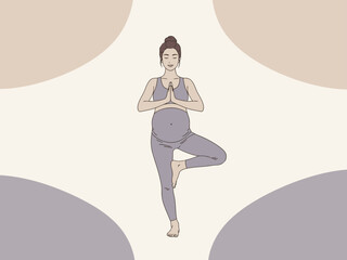 A pregnant woman practices tree pose, radiating peace and balance. Soft colors and a minimalist design create a serene and calming image suitable for wellness and lifestyle content.