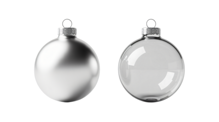 Elegant silver and clear glass Christmas baubles reflecting holiday cheer and festivity