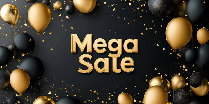 Luxury Black Friday Mega Sale Banner with Gold and Black Balloons and Confetti
