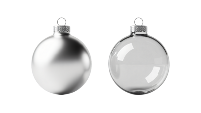 Elegant silver and clear glass Christmas baubles reflecting holiday cheer and festivity