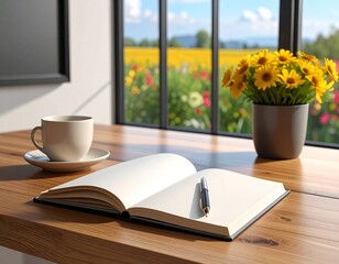 Fototapeta premium Sunny morning scene coffee, journal, flowers, and a beautiful field view