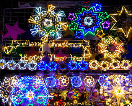 Colorful Parol Lantern Display at a Night Market