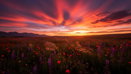 Vibrant Sunset Over a Flower Meadow with Mountain Backdrop