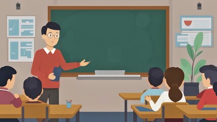 Flat illustration animation of a professor explaining lessons on a board, modern classroom, clean education style - Powered by Adobe