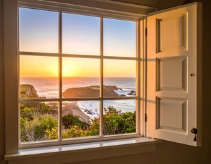Sunrise scene through an open window; ocean view with white shutters in a vibrant setting