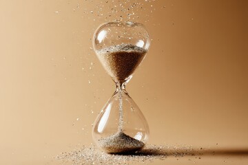 Hourglass With Glitter Flowing On Neutral Background Time Passing Concept