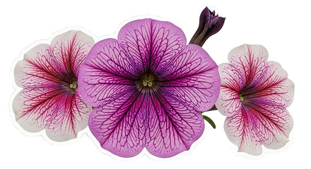 Three beautiful purple and pink petunia flowers with dark veins on a black background