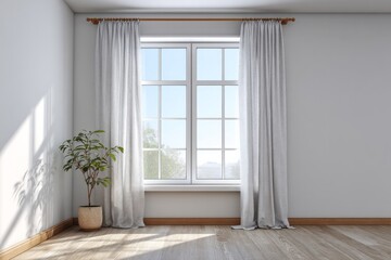 Fototapeta premium Sunny room with large window and plant, bright daylight streams in.