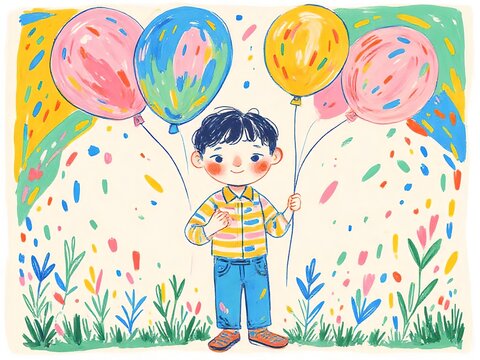 キッズ, 子供, こども, 男の子, 少年, 風船, バルーン, カラフル, イベント, お祝い, バースデー, 誕生日, おめでとう, 感謝, イラスト, パーティー, 楽しい, 愛, カード, 子供時代, メッセージカード, レター, 出産祝い, 記念日, 膨らんだ、お別れ会、絵、かわいい、やさしい、あたたかい、風船を持った子供、 - Powered by Adobe