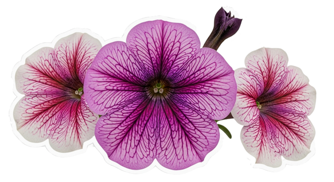 Three beautiful purple and pink petunia flowers with dark veins on a black background