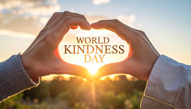 Hands forming a heart shape glowing with world kindness day message at sunset
