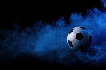 Soccer Ball Floating in Blue Cloud Dust with Black Background Dramatic Lighting