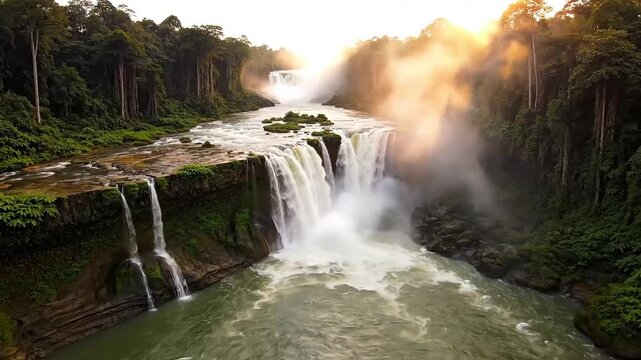 Majestic waterfall cascades through lush jungle under golden sunlight