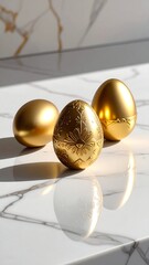 Three golden eggs on a marble surface with sunlit highlights