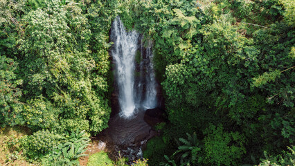 Tropical waterfall with lush jungle, paradise in Bali. Drone view