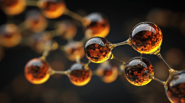 Abstract Molecular Structure With Transparent Orange Spheres on Dark Background - Powered by Adobe