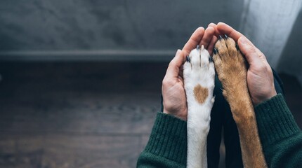 Hands holding dog paws in animal shelter, showing compassion