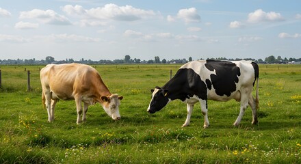 Fototapeta premium Two cows graze peacefully in a lush green pasture under a bright blue sky with fluffy white clouds