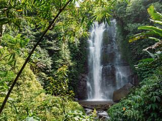 Tropical powerful waterfall with lush jungle, natural paradise in Bali.
