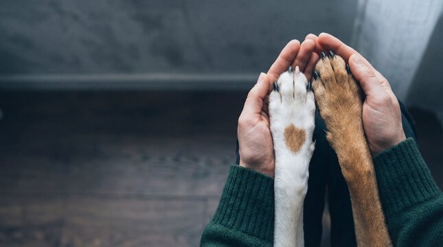 Hands holding dog paws in animal shelter, showing compassion