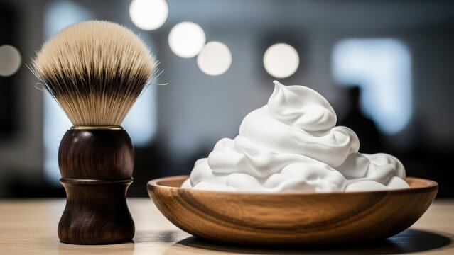 Traditional Shaving Brush and Foam in Wooden Bowl