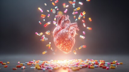 Digital Rendering of Human Heart Surrounded by Pharmaceutical Pills with Dark Background and Dramatic Lighting
