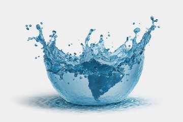 Abstract Globe Sphere Water Splashing in Blue Hues Against a Clean White Background Emphasizing Global Hydration and Sparkling Reflections