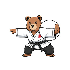 Cute martial arts bear mascot wearing a white kimono forms a dynamic logo frame, rendered in a crisp flat 2D vector style isolated on a clean white background.